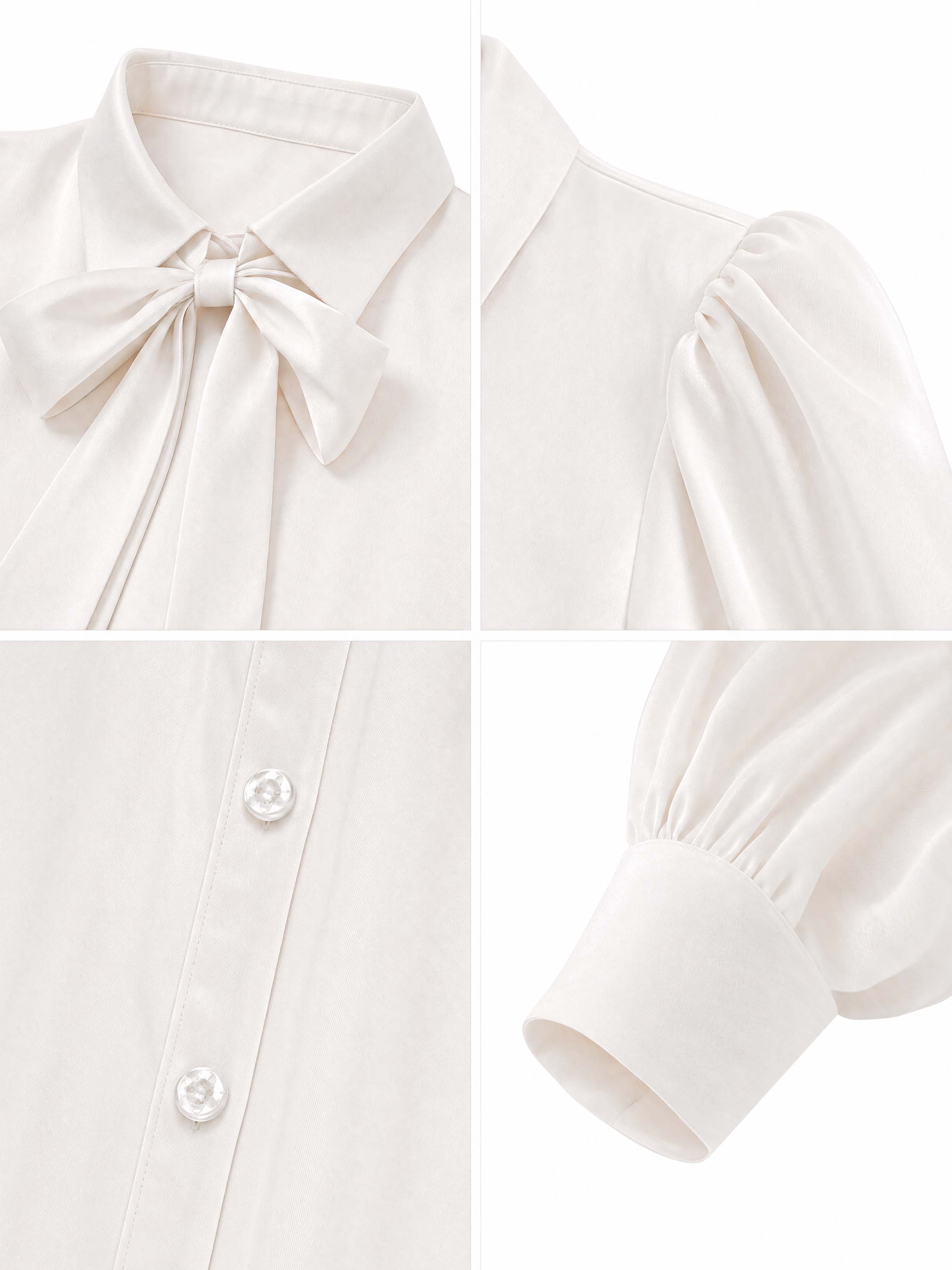 Satin Bow Tie Collar Puff Long‑Sleeve Office Blouse
