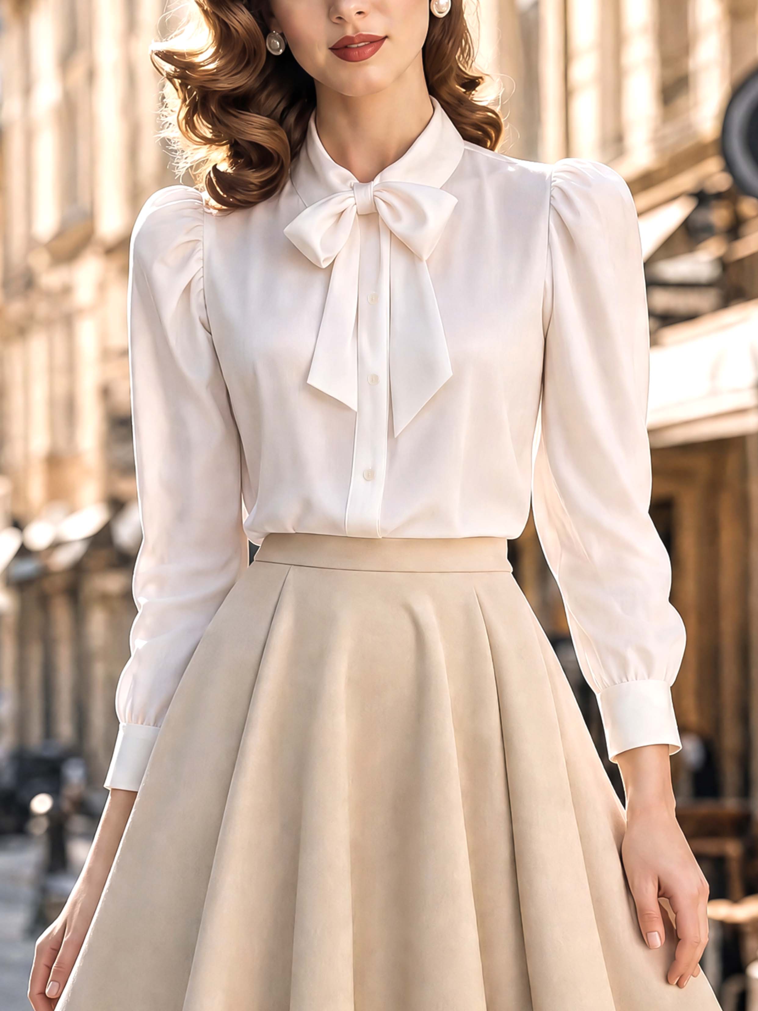 Satin Bow Tie Collar Puff Long‑Sleeve Office Blouse