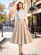 Satin Bow Tie Collar Puff Long‑Sleeve Office Blouse