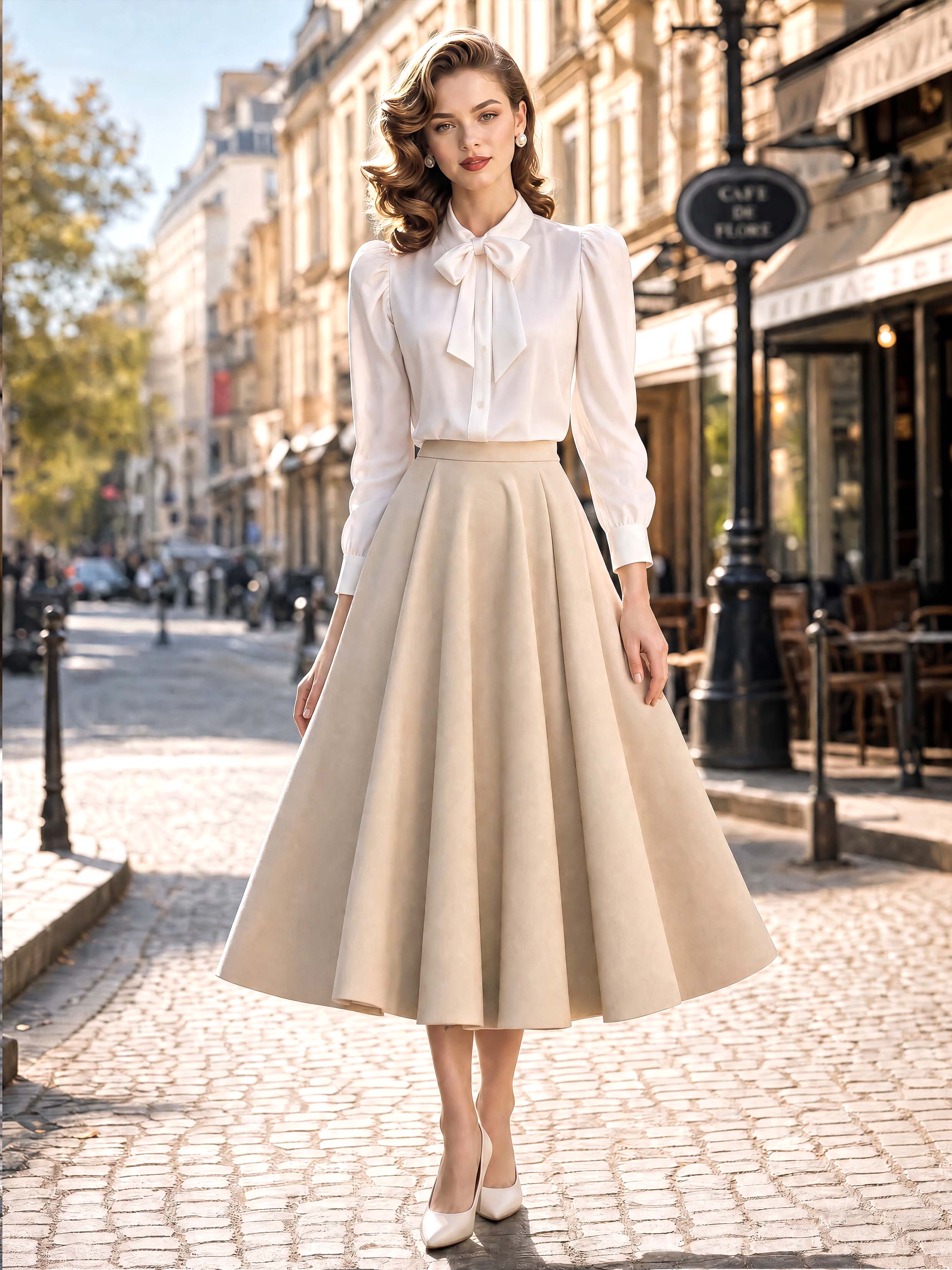 Satin Bow Tie Collar Puff Long‑Sleeve Office Blouse