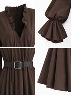 Vintage Ruffle Trim V‑Neck Flare Long‑Sleeve Midi Dress