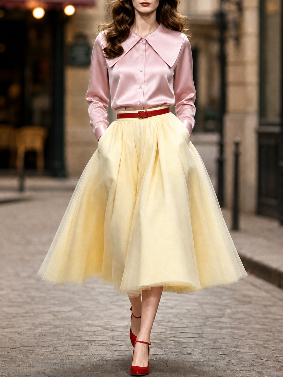 Vintage Tulle Full‑Skirt Midi Skirt