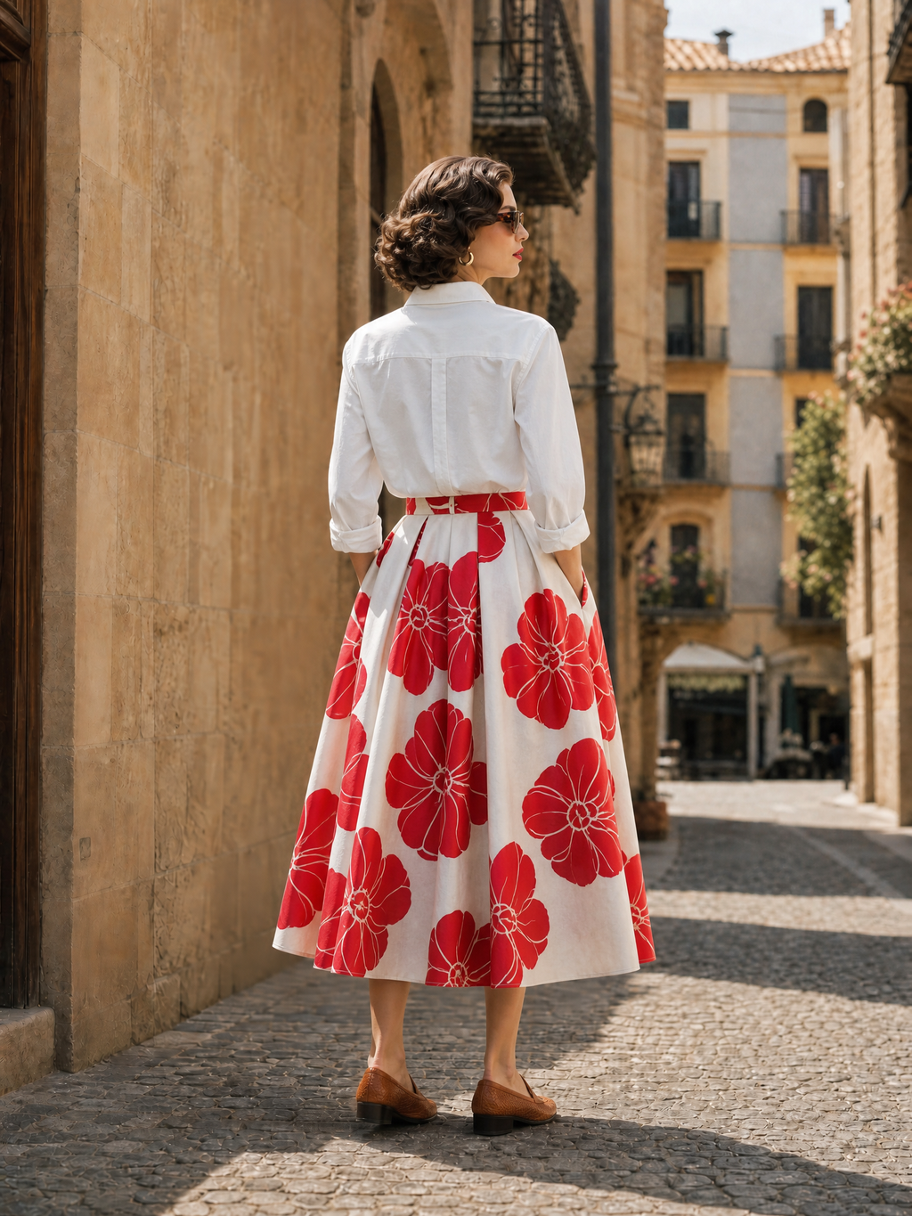Vintage Floral Print High-Waist Box-Pleated A-Line Midi Skirt