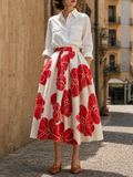 Vintage Floral Print High-Waist Box-Pleated A-Line Midi Skirt