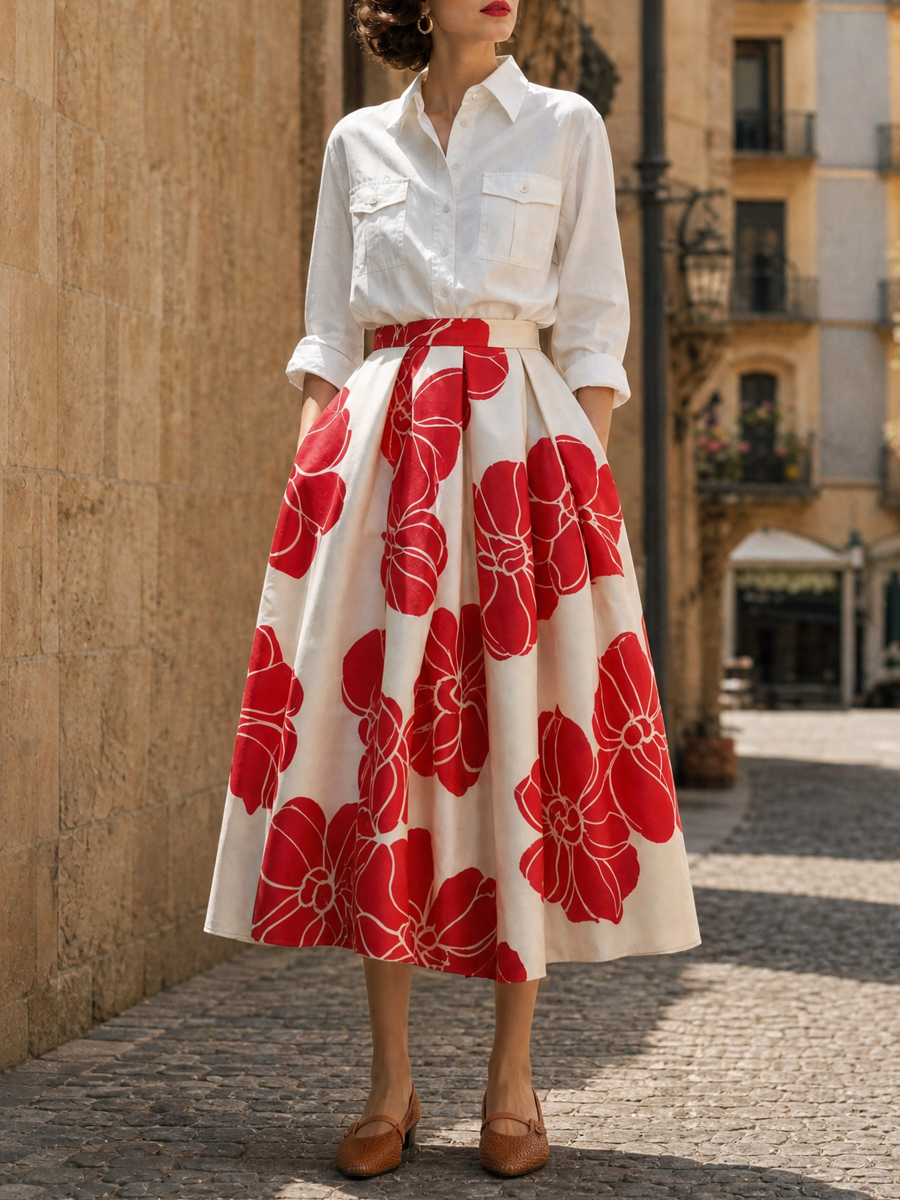 Vintage Floral Print High-Waist Box-Pleated A-Line Midi Skirt