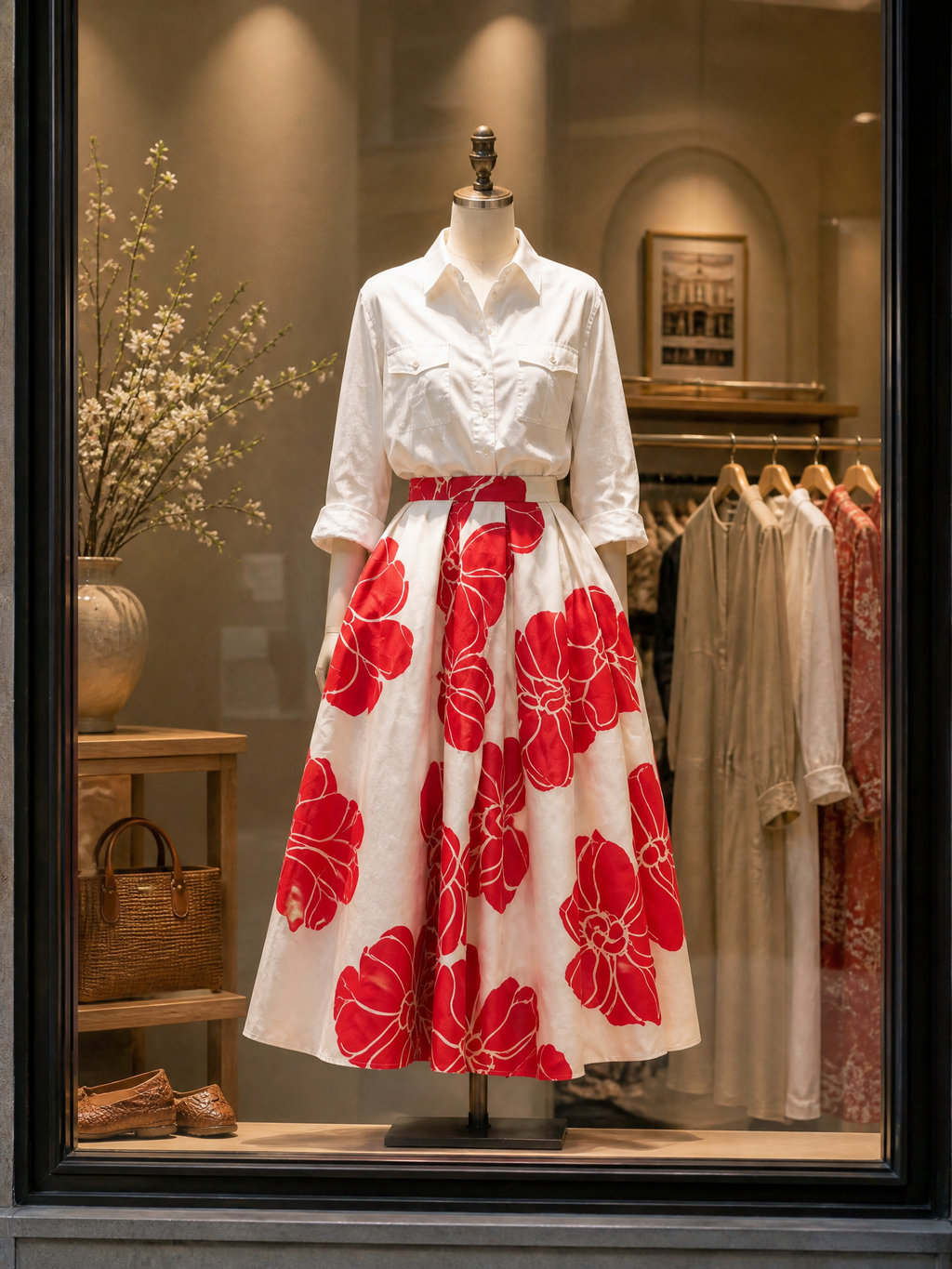 Vintage Floral Print High-Waist Box-Pleated A-Line Midi Skirt