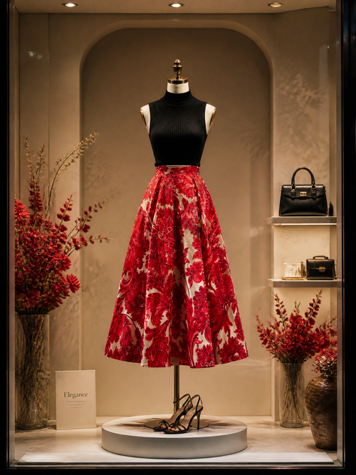 Vintage Baroque Floral Box-Pleated A-Line Midi Skirt