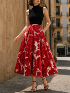 Vintage Baroque Floral Box-Pleated A-Line Midi Skirt