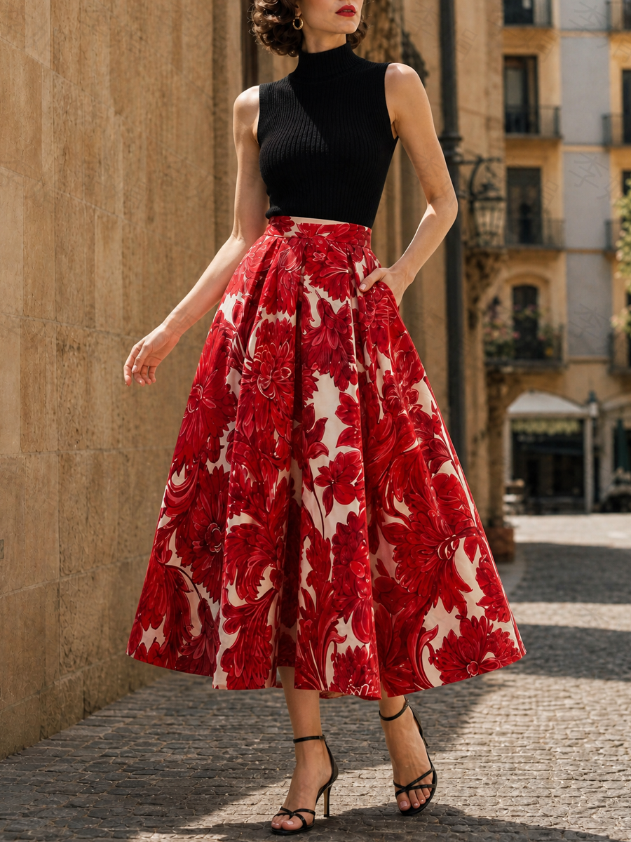 Vintage Baroque Floral Box-Pleated A-Line Midi Skirt