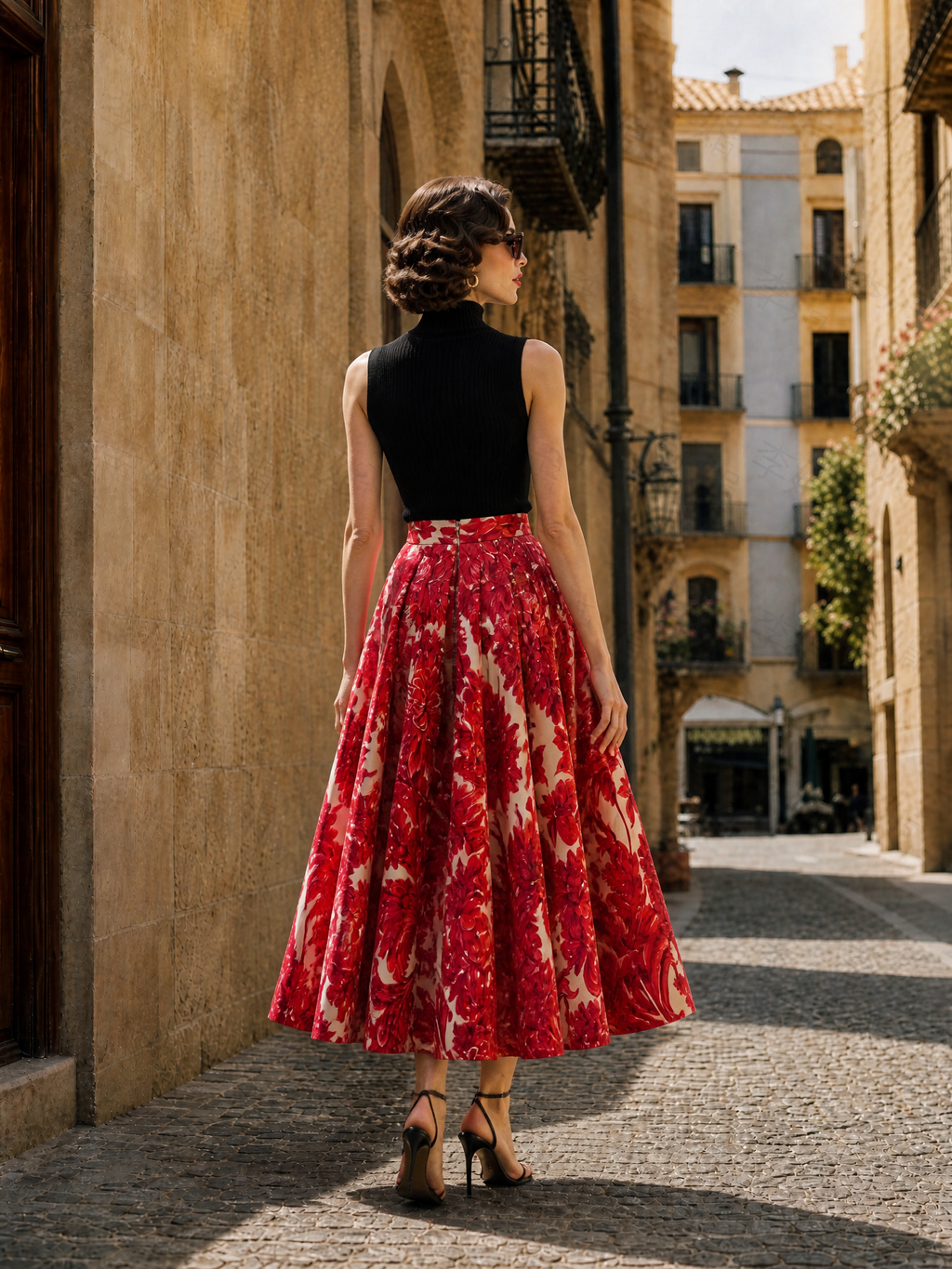 Vintage Baroque Floral Box-Pleated A-Line Midi Skirt