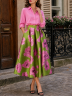 Vintage Elegant Green & Pink Rose Floral Print A-Line Midi Skirt