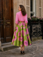 Vintage Elegant Green & Pink Rose Floral Print A-Line Midi Skirt