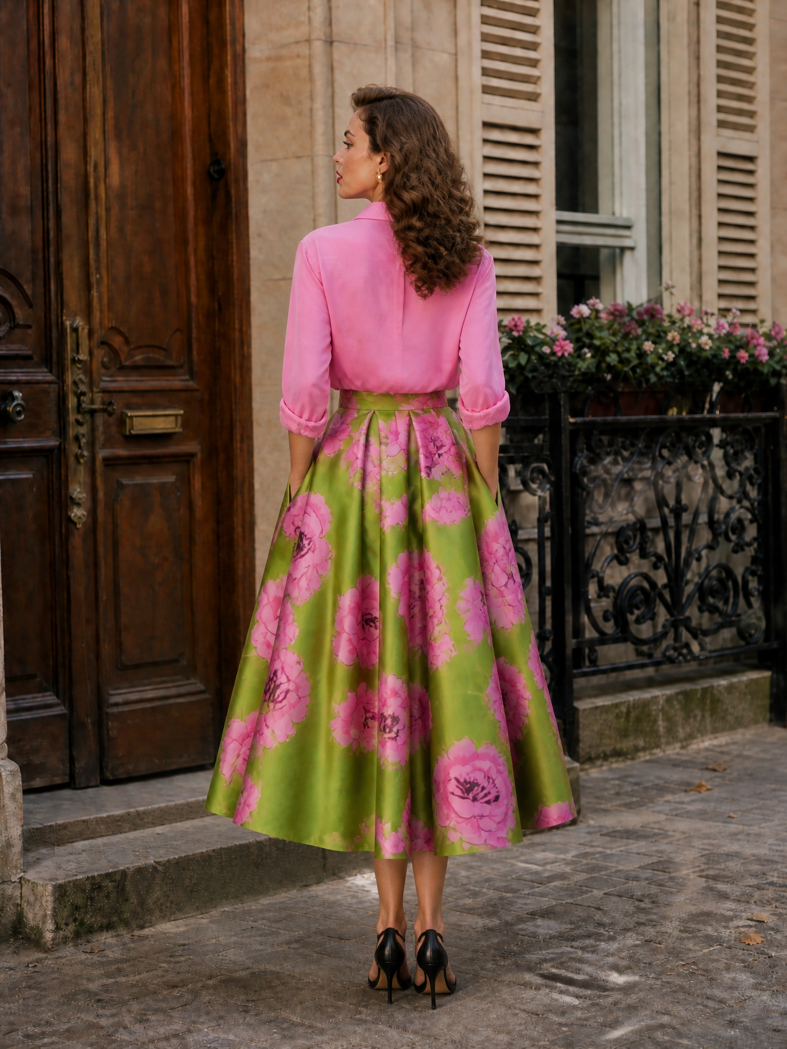 Vintage Elegant Green & Pink Rose Floral Print A-Line Midi Skirt
