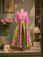 Vintage Elegant Green & Pink Rose Floral Print A-Line Midi Skirt