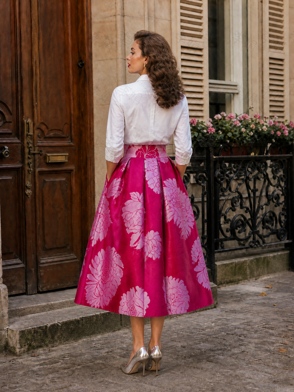Retro French Chic Peony Floral Side Pockets Midi Skirt