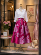 Retro French Chic Peony Floral Side Pockets Midi Skirt