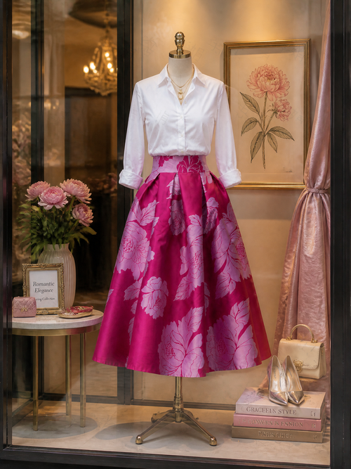 Retro French Chic Peony Floral Side Pockets Midi Skirt