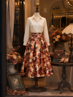 Retro Autumn Blooms Terracotta Floral A-Line Midi Skirt