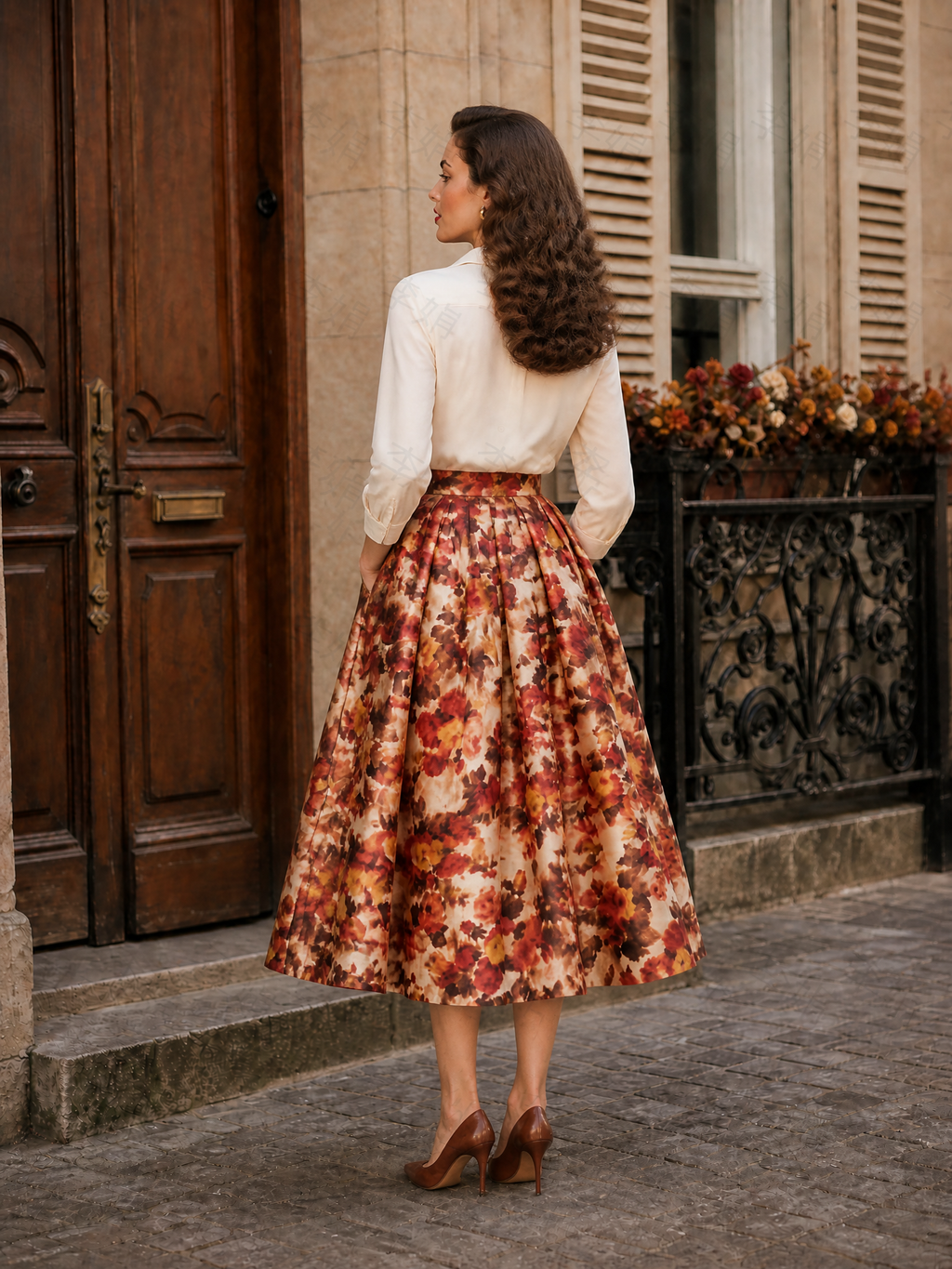 Retro Autumn Blooms Terracotta Floral A-Line Midi Skirt