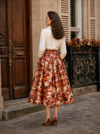 Retro Autumn Blooms Terracotta Floral A-Line Midi Skirt