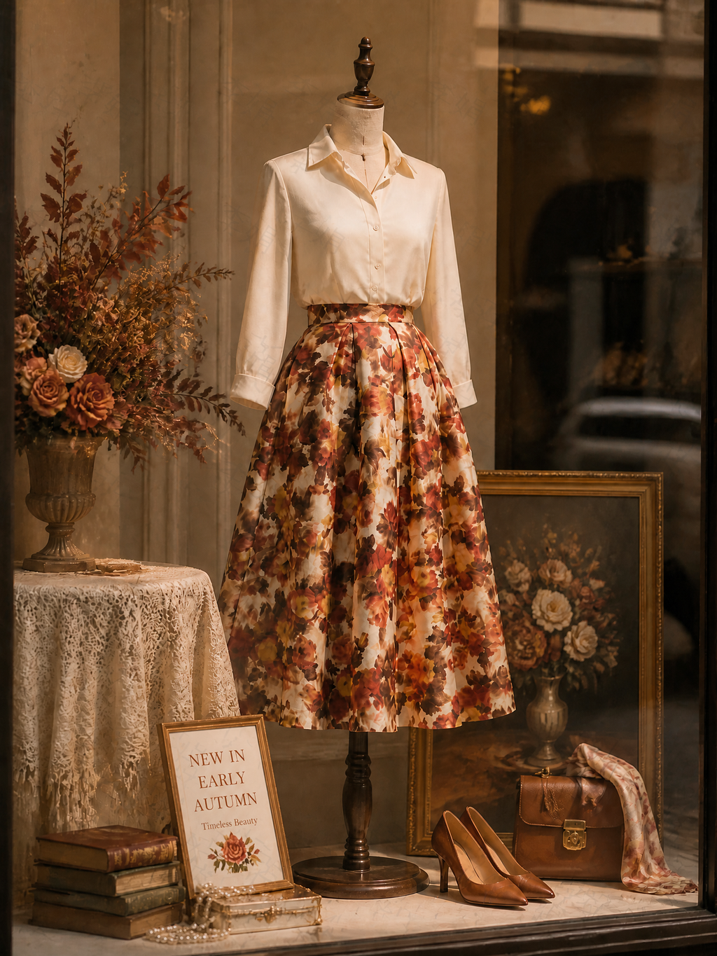 Retro Autumn Blooms Terracotta Floral A-Line Midi Skirt