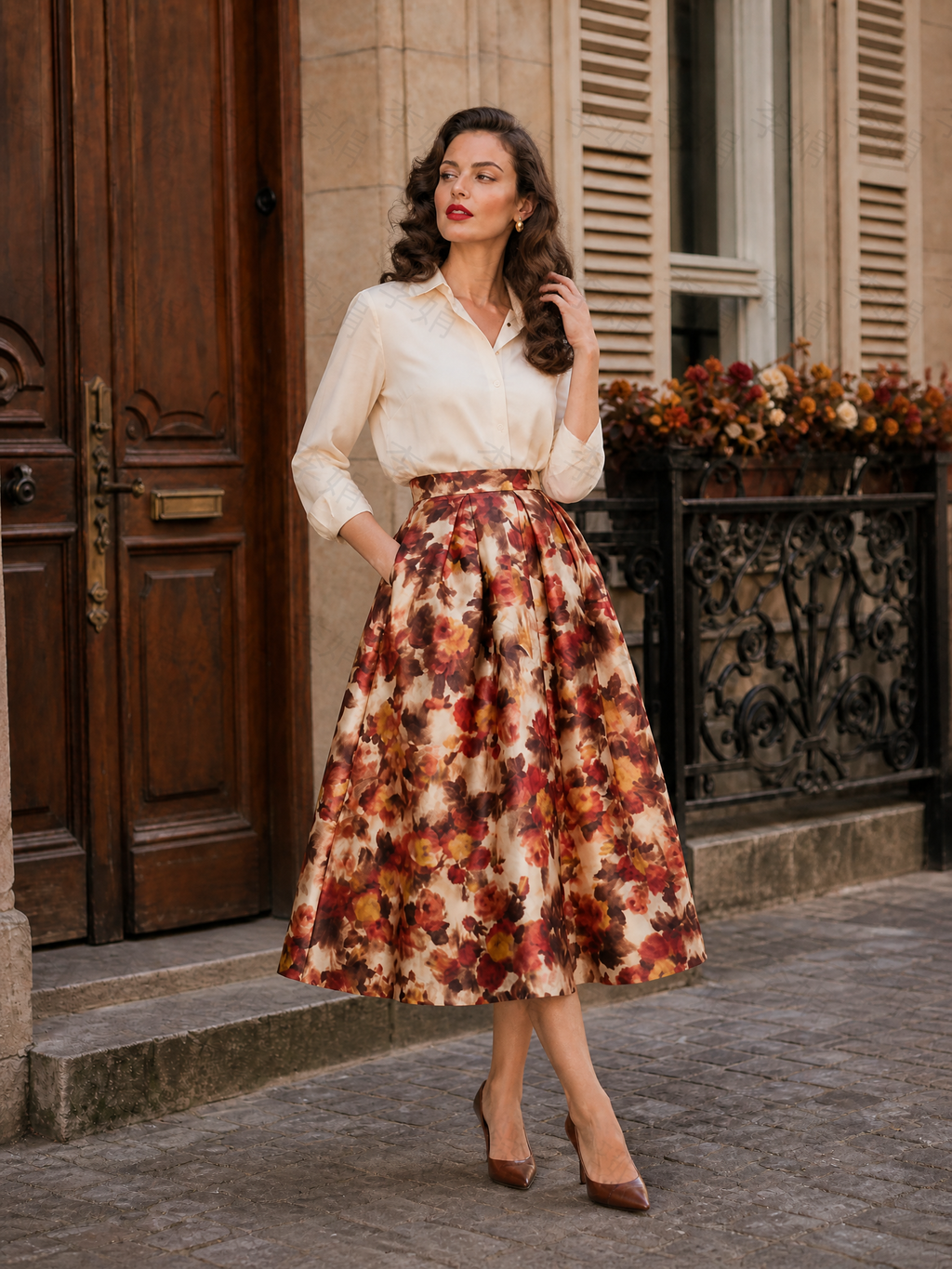Retro Autumn Blooms Terracotta Floral A-Line Midi Skirt