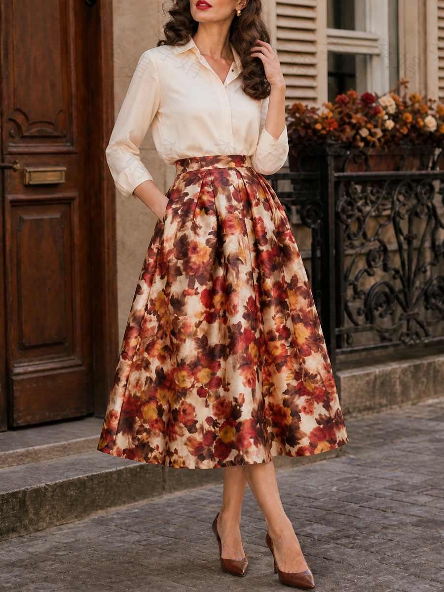 Retro Autumn Blooms Terracotta Floral A-Line Midi Skirt