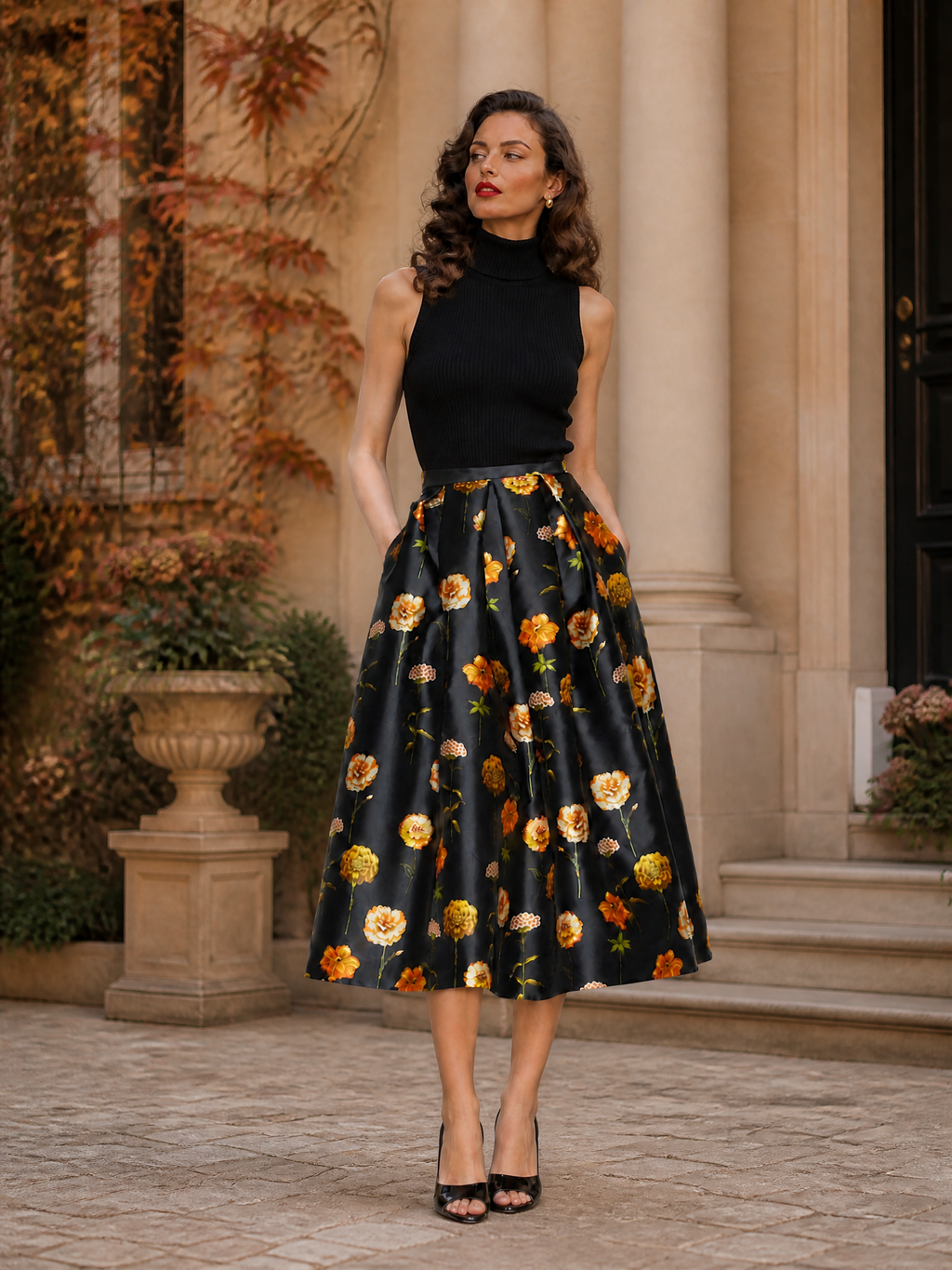 Elegant Black & Gold Floral Print Side Pockets Midi Skirt