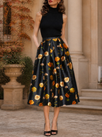 Elegant Black & Gold Floral Print Side Pockets Midi Skirt