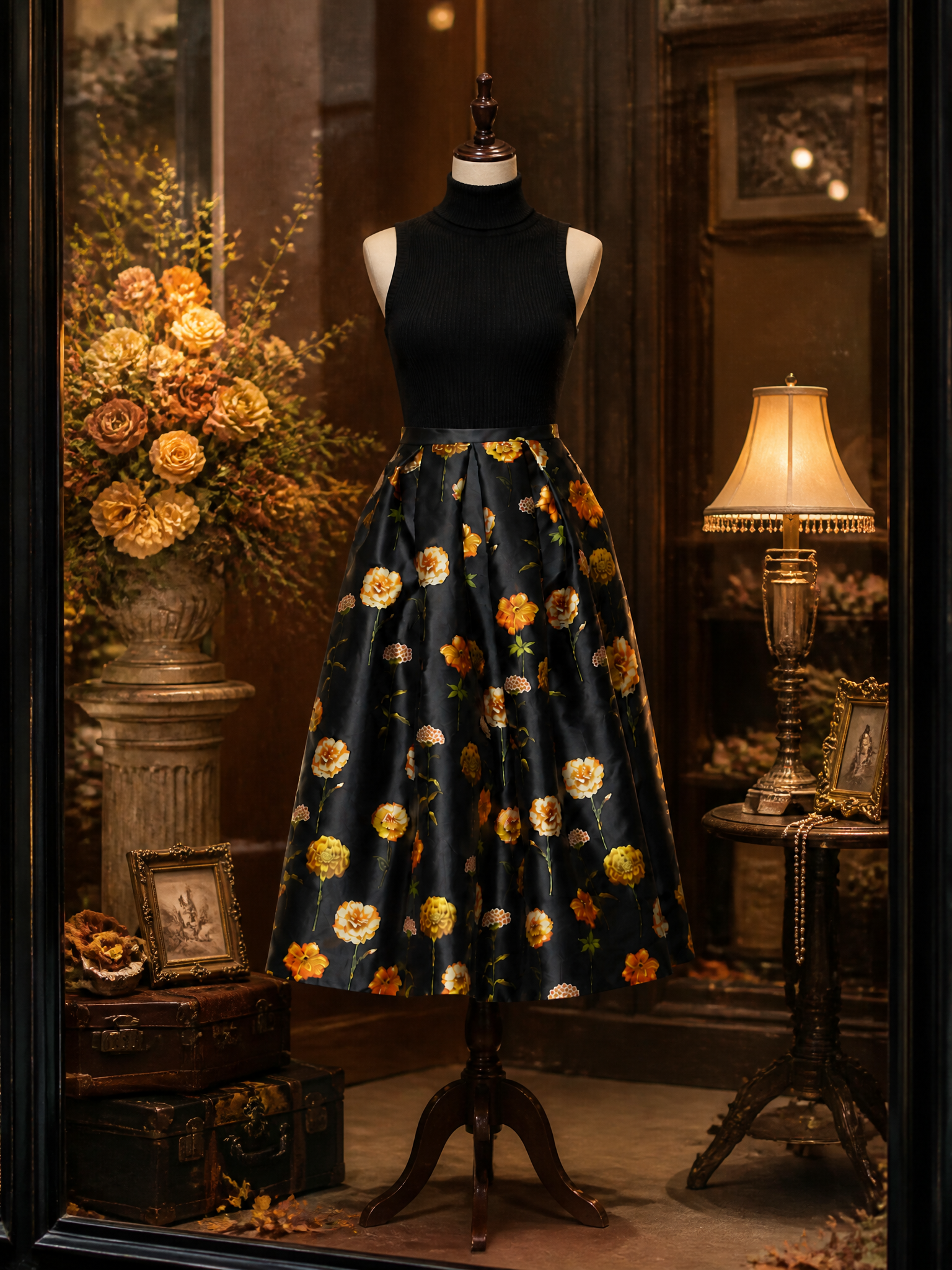 Elegant Black & Gold Floral Print Side Pockets Midi Skirt