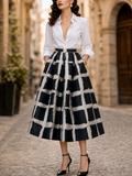 Vintage Black & White Abstract Plaid A-Line Midi Skirt