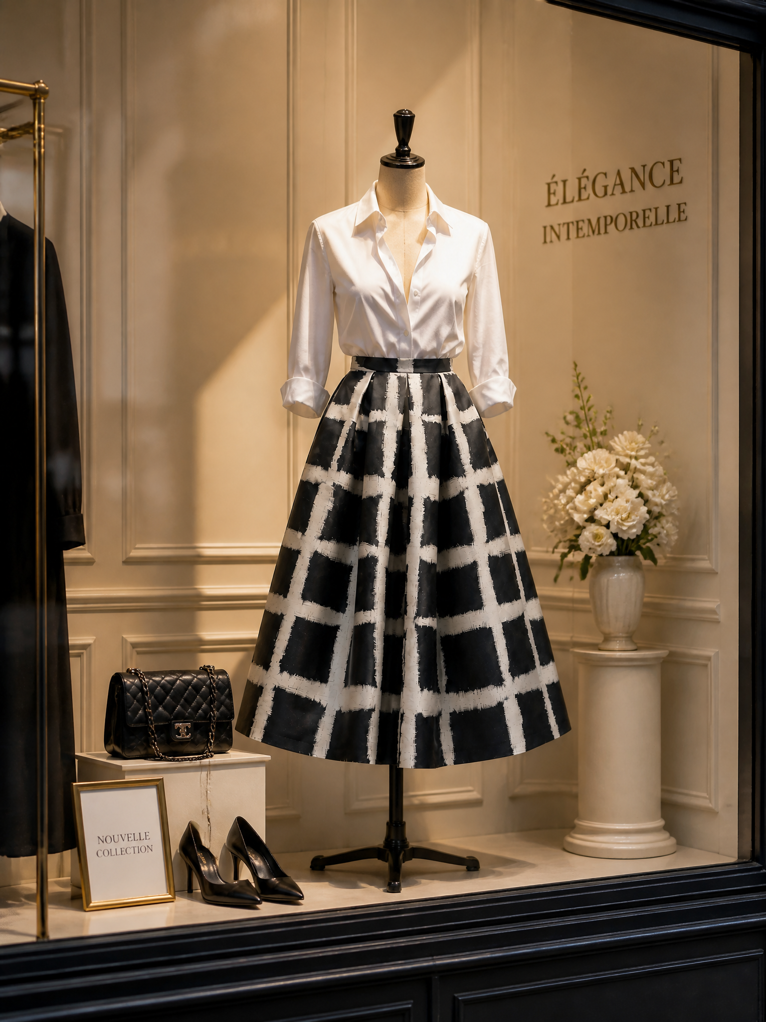 Vintage Black & White Abstract Plaid A-Line Midi Skirt