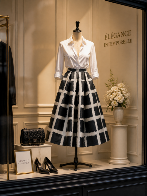 Vintage Black & White Abstract Plaid A-Line Midi Skirt