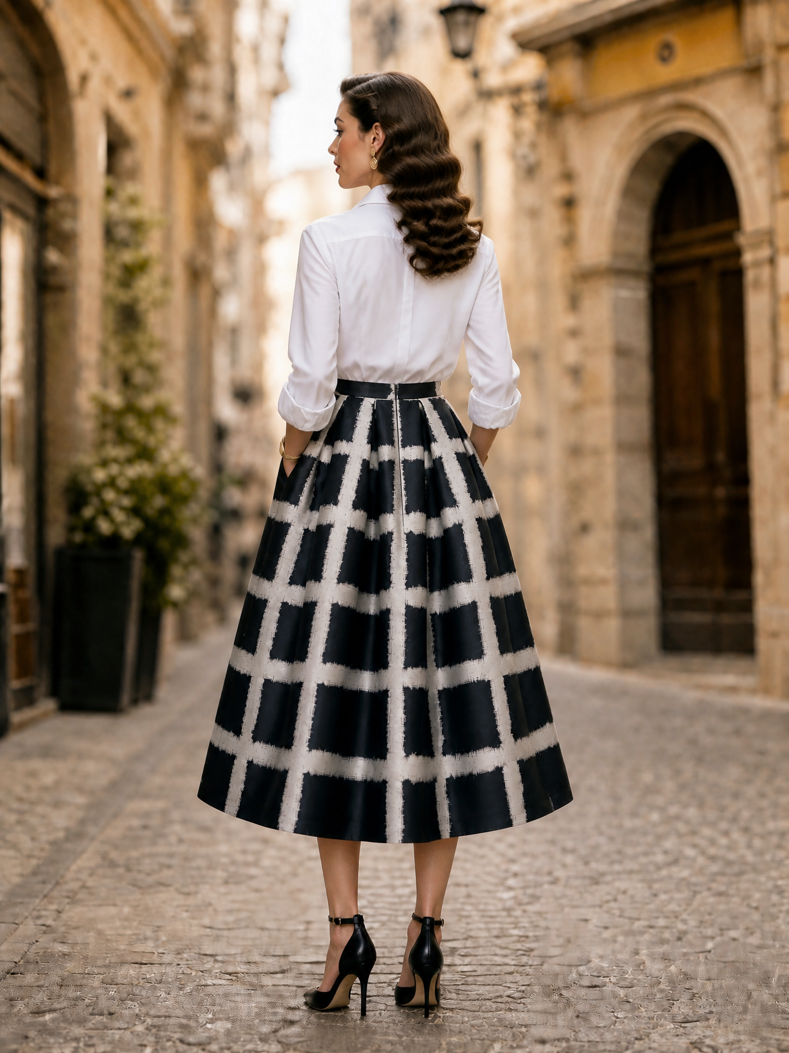 Vintage Black & White Abstract Plaid A-Line Midi Skirt