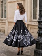 Retro Elegant Black Watercolor-Floral Print Maxi Skirt
