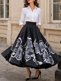 Retro Elegant Black Watercolor-Floral Print Maxi Skirt