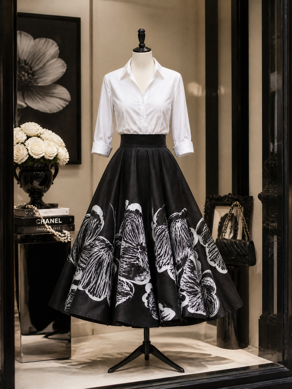 Retro Elegant Black Watercolor-Floral Print Maxi Skirt