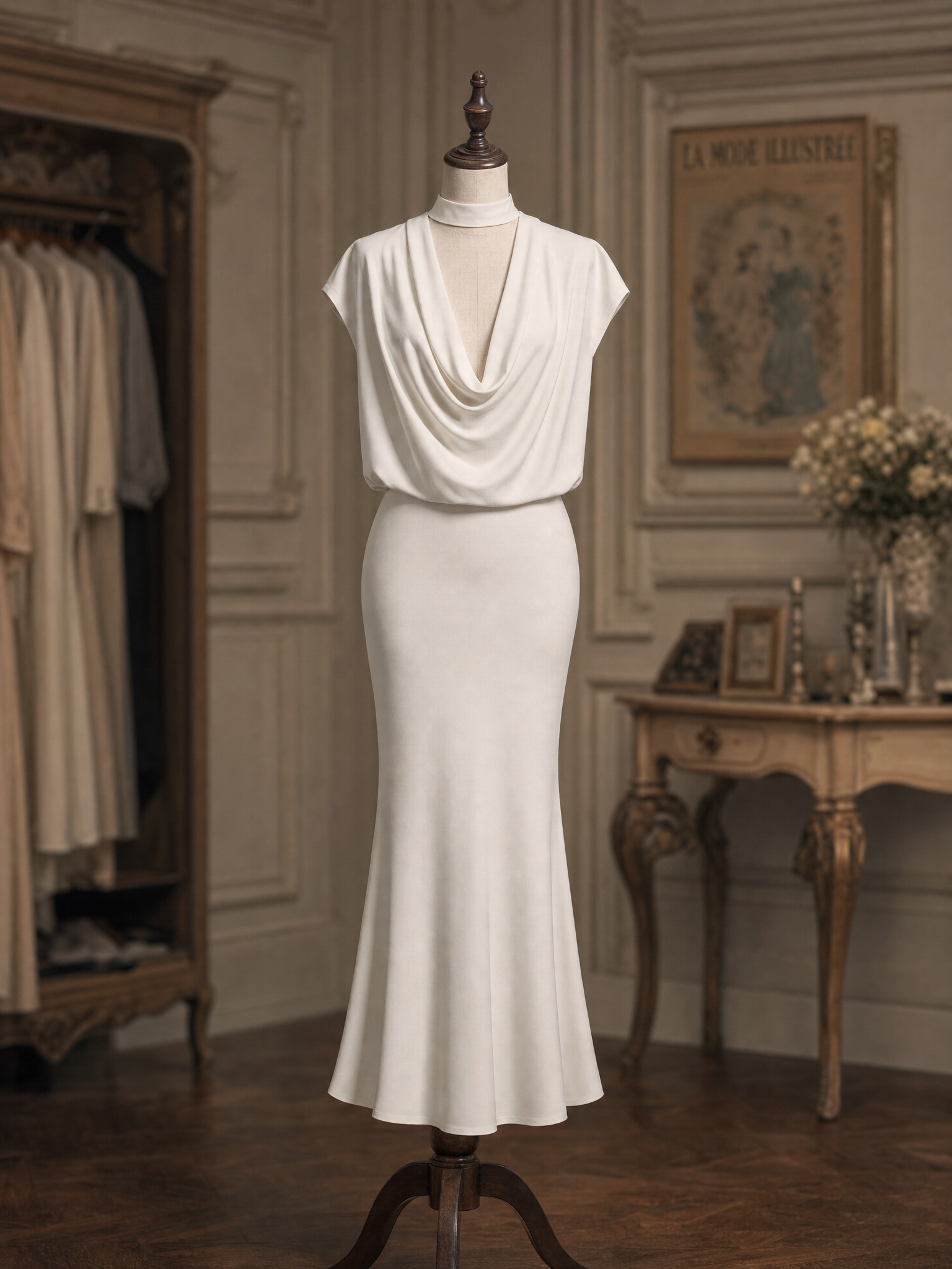 Vintage Cowl Neck Deep V Cap Sleeve Mermaid Maxi Evening Dress