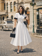 Vintage Slim Contrast Collar Waisted Flared Midi Dress