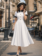 Vintage Slim Contrast Collar Waisted Flared Midi Dress