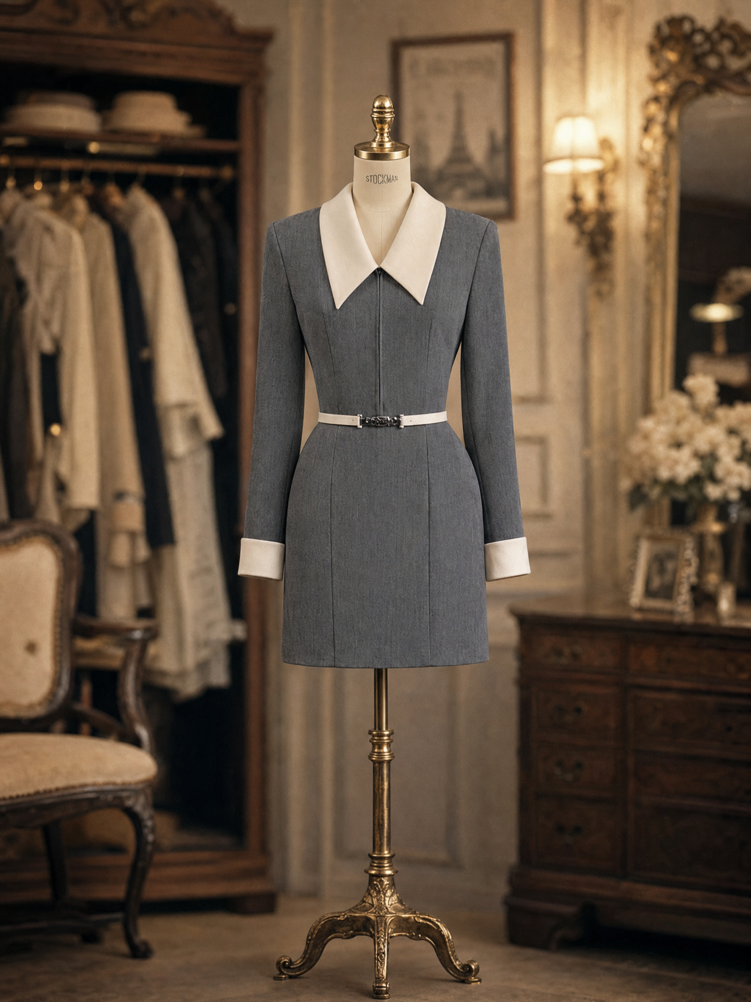 Vintage Elegant Minimal Contrast Belted Blazer Mini Dress