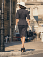 Vintage Striped Waisted Blazer Pencil Skirt Work Two‑Piece Set