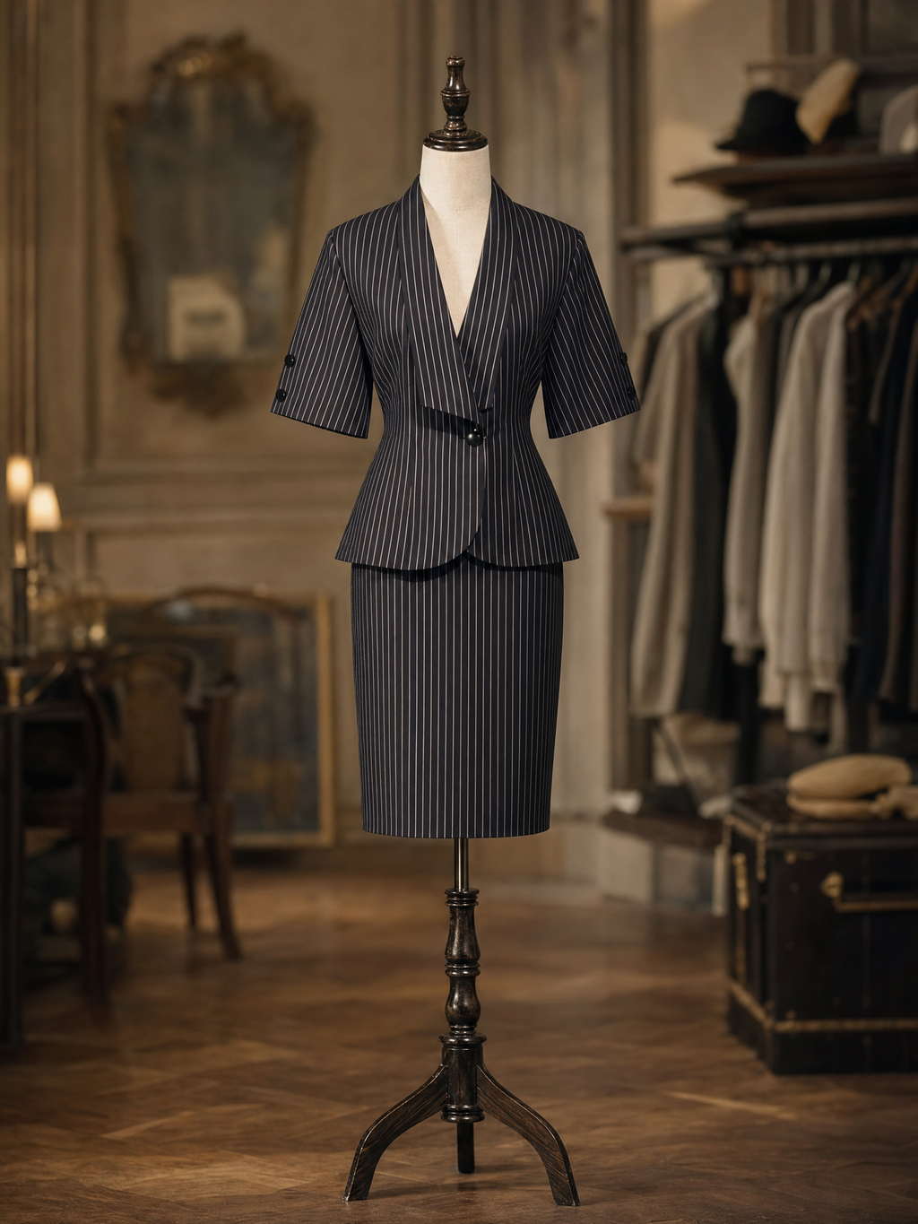 Vintage Striped Waisted Blazer Pencil Skirt Work Two‑Piece Set