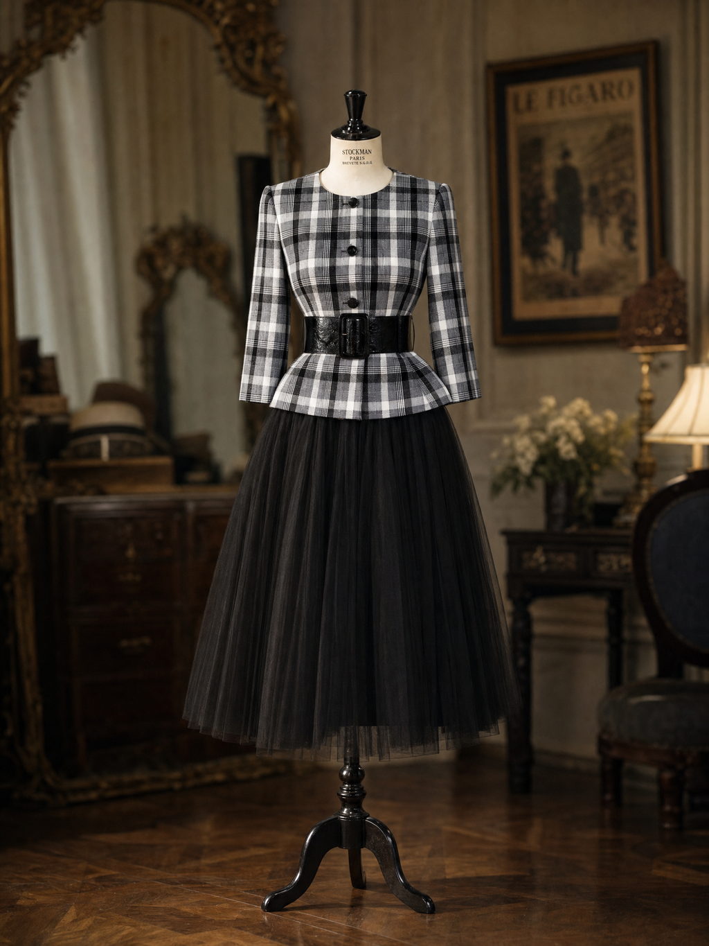 Vintage Plaid Peplum Jacket Tulle Midi Skirt Two‑Piece Set