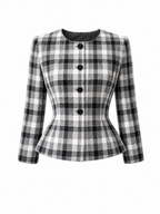 Vintage Plaid Peplum Jacket Tulle Midi Skirt Two‑Piece Set