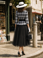 Vintage Plaid Peplum Jacket Tulle Midi Skirt Two‑Piece Set