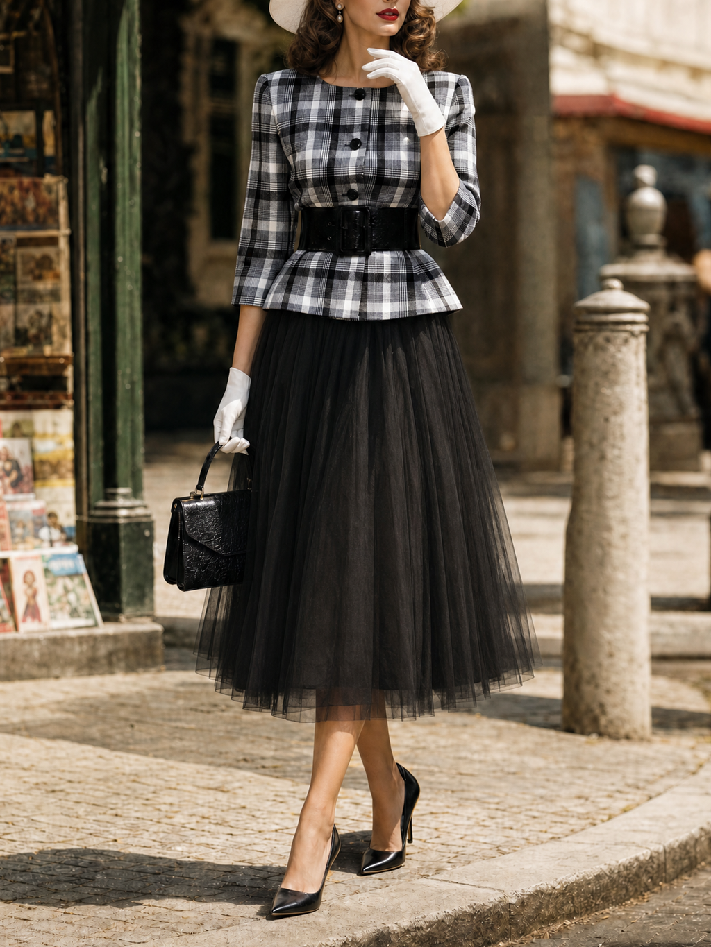 Vintage Plaid Peplum Jacket Tulle Midi Skirt Two‑Piece Set