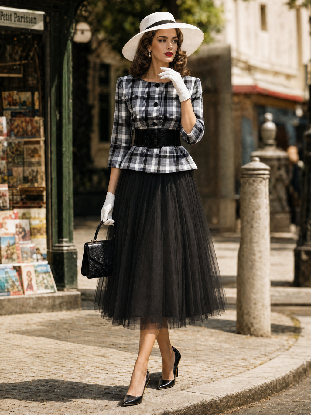 Vintage Plaid Peplum Jacket Tulle Midi Skirt Two‑Piece Set