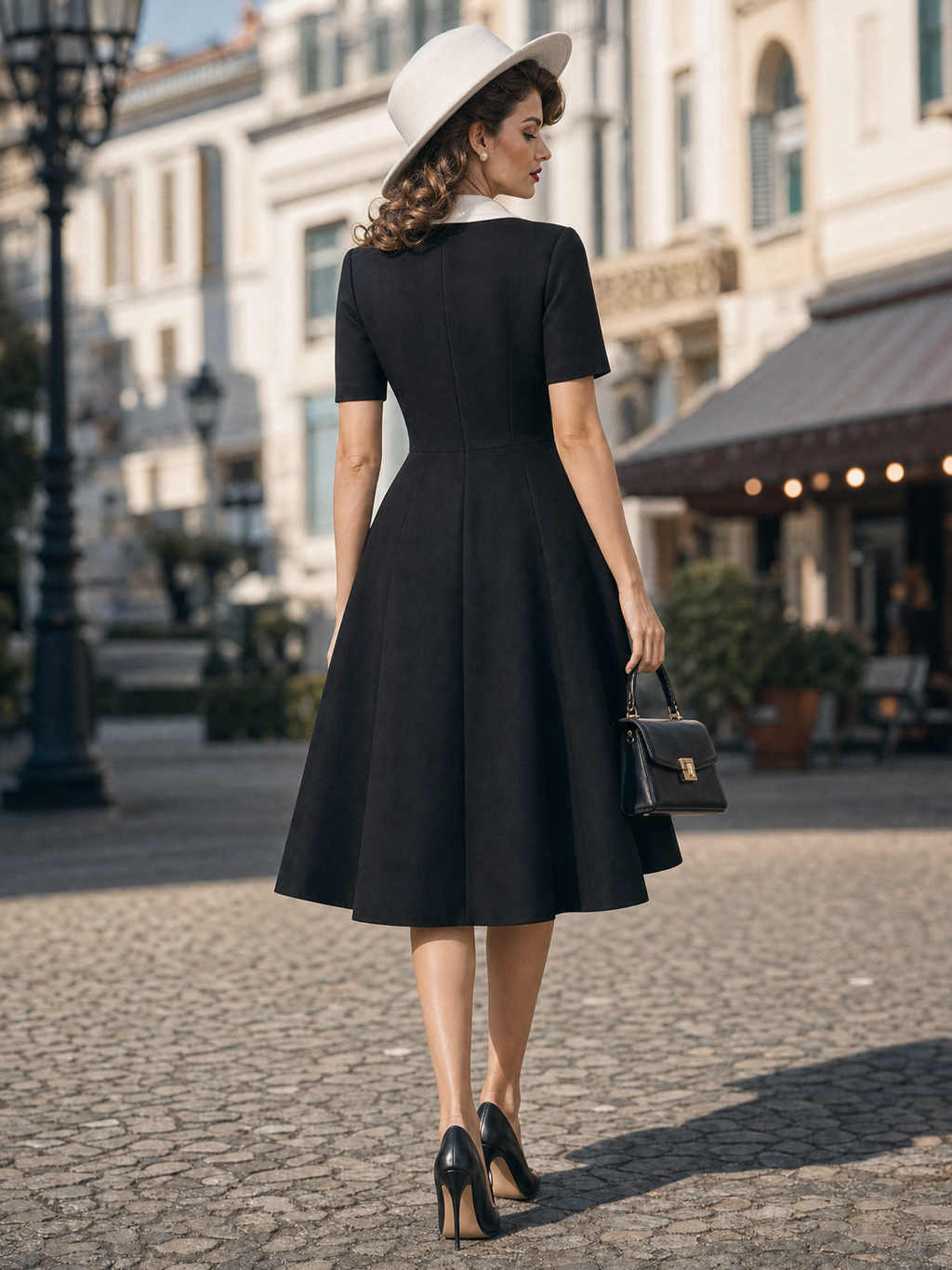 Vintage Black-White Contrast Collar Camellia Flared Commuter Midi Dress