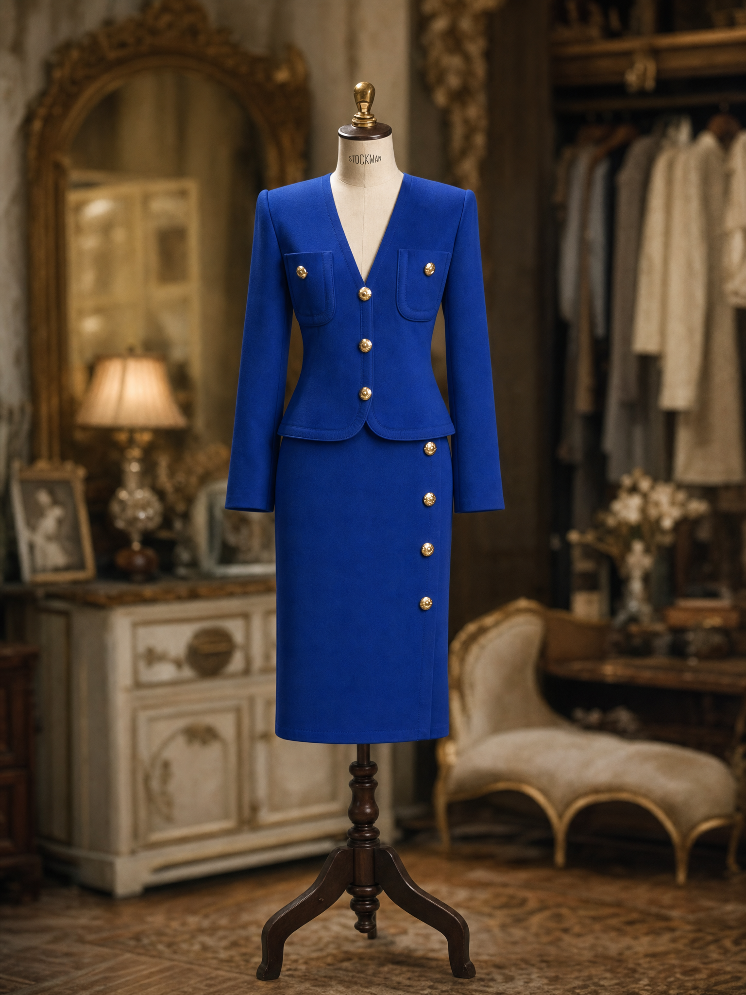 Vintage French Royal Blue V-Neck Metal Button Two-Piece Skirt Sets